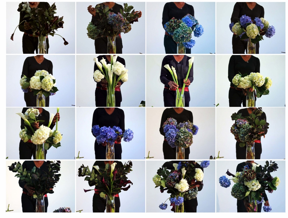 A grid of similar photographs depicts a person in black arranging blue, purple and cream flowers in a vase.