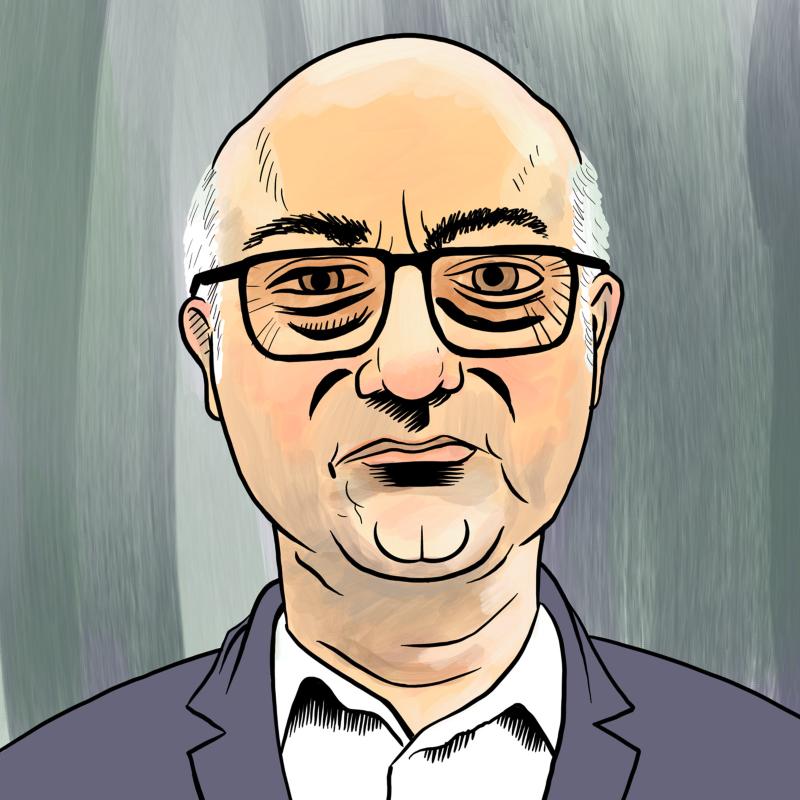 A cartoon illustration of Paul B. Rainey depicts a serious man with balding white hair, glasses, a navy blazer and a white shirt. He is looking seriously at the camera.