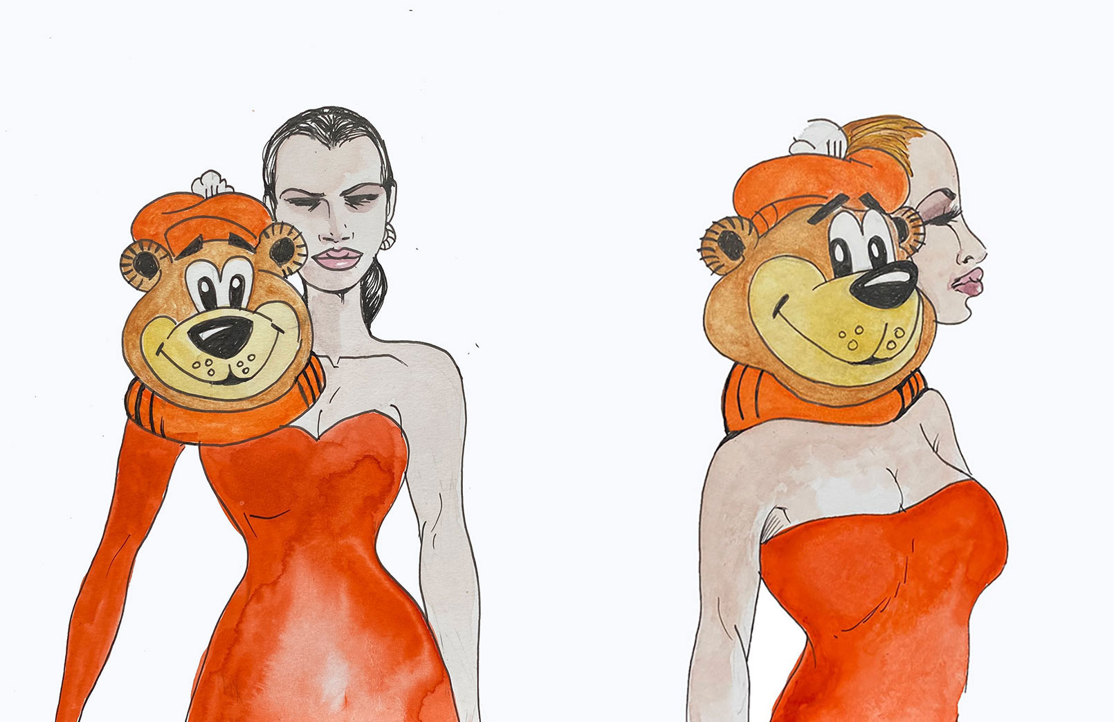 Two illustrations depict a runway model in an orange dress with the head of the A&W root beer bear mascot on her shoulder. He is a cartoon bear wearing an orange toque.