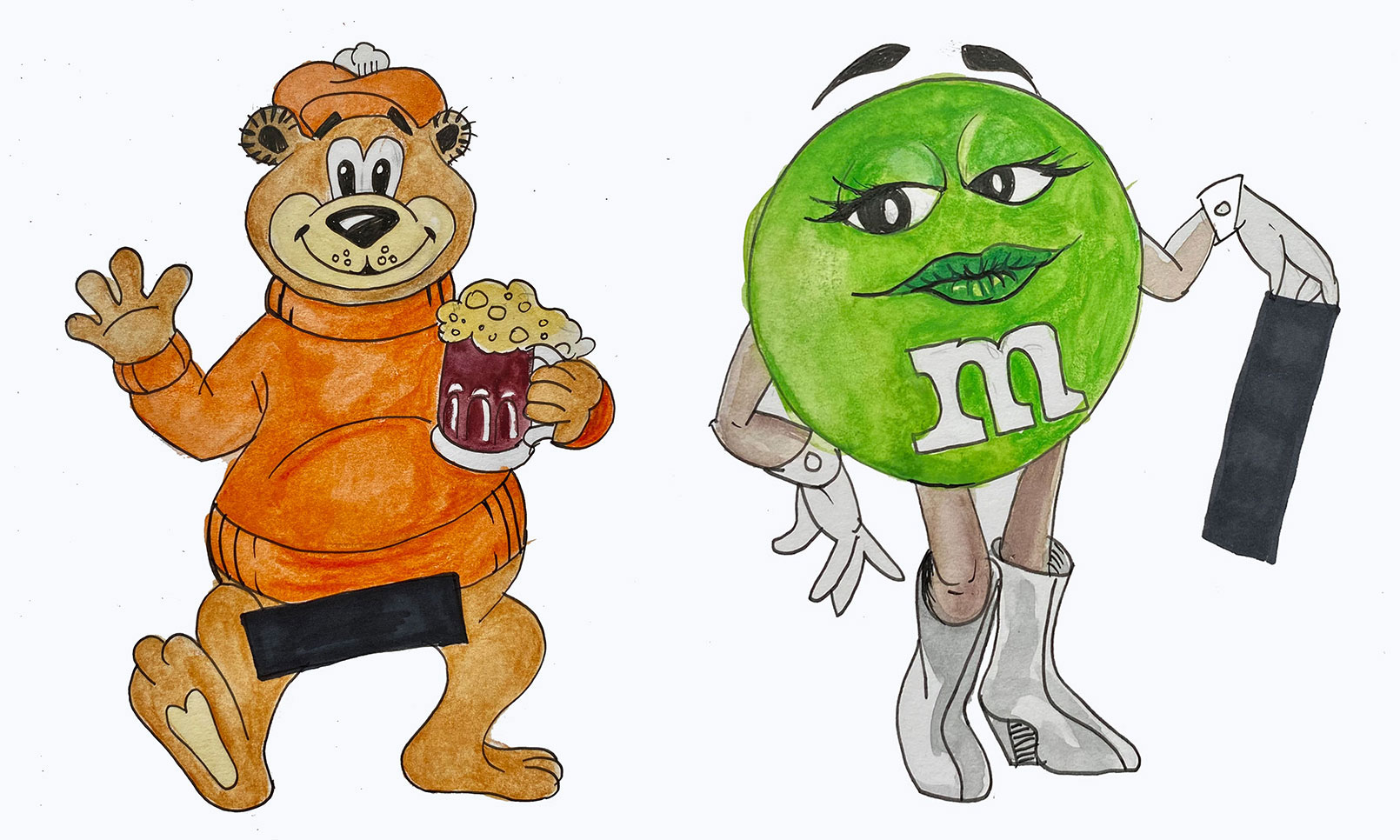 On the left, an illustration of a green M&M candy mascot wearing white go-go boots. On the right, an illustration of a the A&W root beer bear wearing an orange sweater, an orange tuque and holding a mug of root beer. His groin is covered with a black censorship bar.