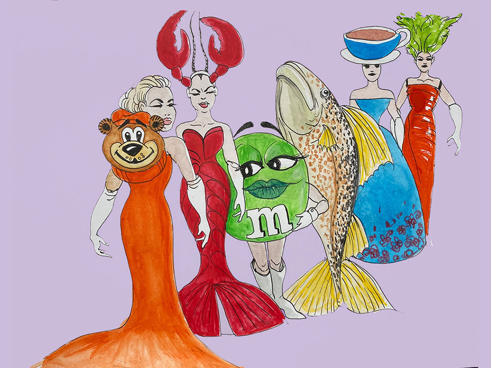 An illustrated line of seven runway models features a range of silly gowns. The person at the front of the line is wearing an orange floor-length dress with an A&W mascot head attached to the shoulder. Behind her is a person in a lobster gown, then a green M&M, a fish, a teacup, a pineapple and broccoli. 