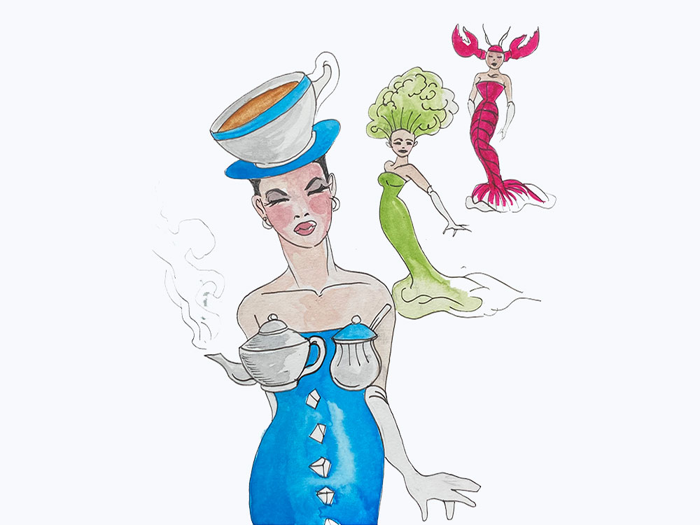 An illustration depicts three models. In the foreground is a person in a blue dress adorned with teacups. Behind her is a person wearing a green dress that resembles broccoli; in the far background is a person in a red lobster dress. 