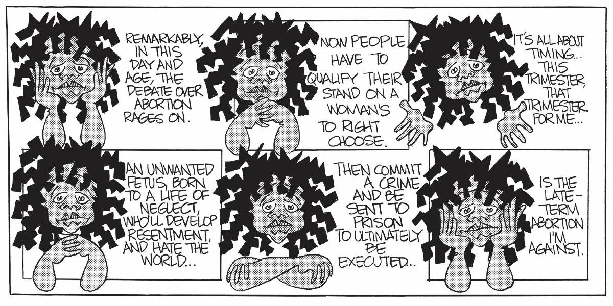 A black and white comic strip features one Black woman discussing abortion rights in the United States.