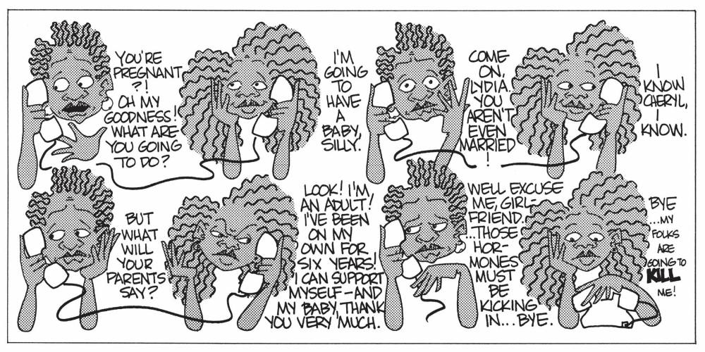 A comic strip depicts two Black women talking on the phone about a new pregnancy.