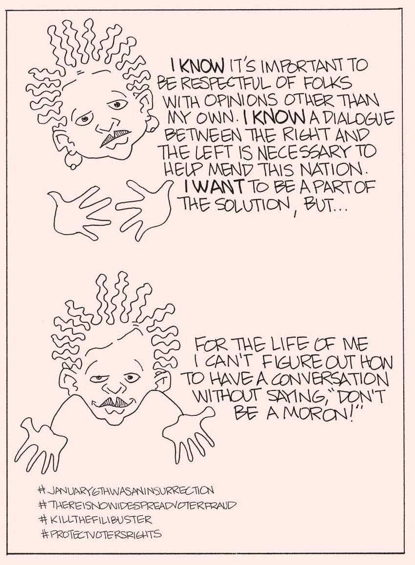 Two stacked single-panel comics depict Black women discussing the bias of supreme court justices (top panel) and navigating the political divide (bottom panel). They feature black line drawings against a baby pink background. 