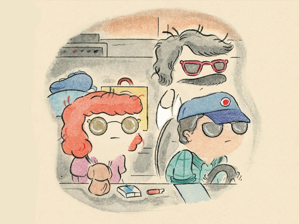A cartoon illustration of three people in sunglasses, driving a van. A person in a blue cap is at the wheel and his friends are behind him and to the left of him. 
