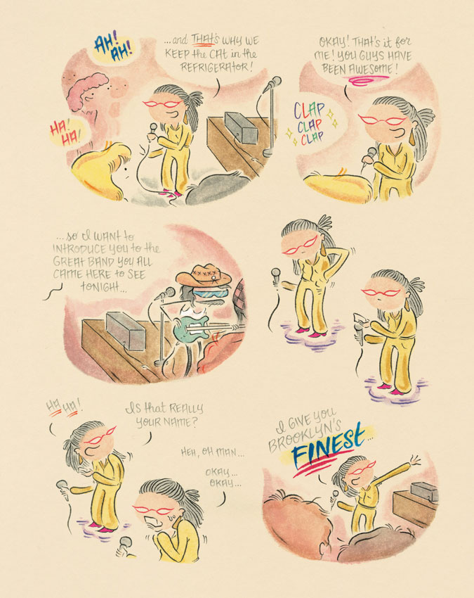 A cartoon across two vertical pages depicts a person in a yellow jumpsuit introducing the band Major Threat onstage at a concert.