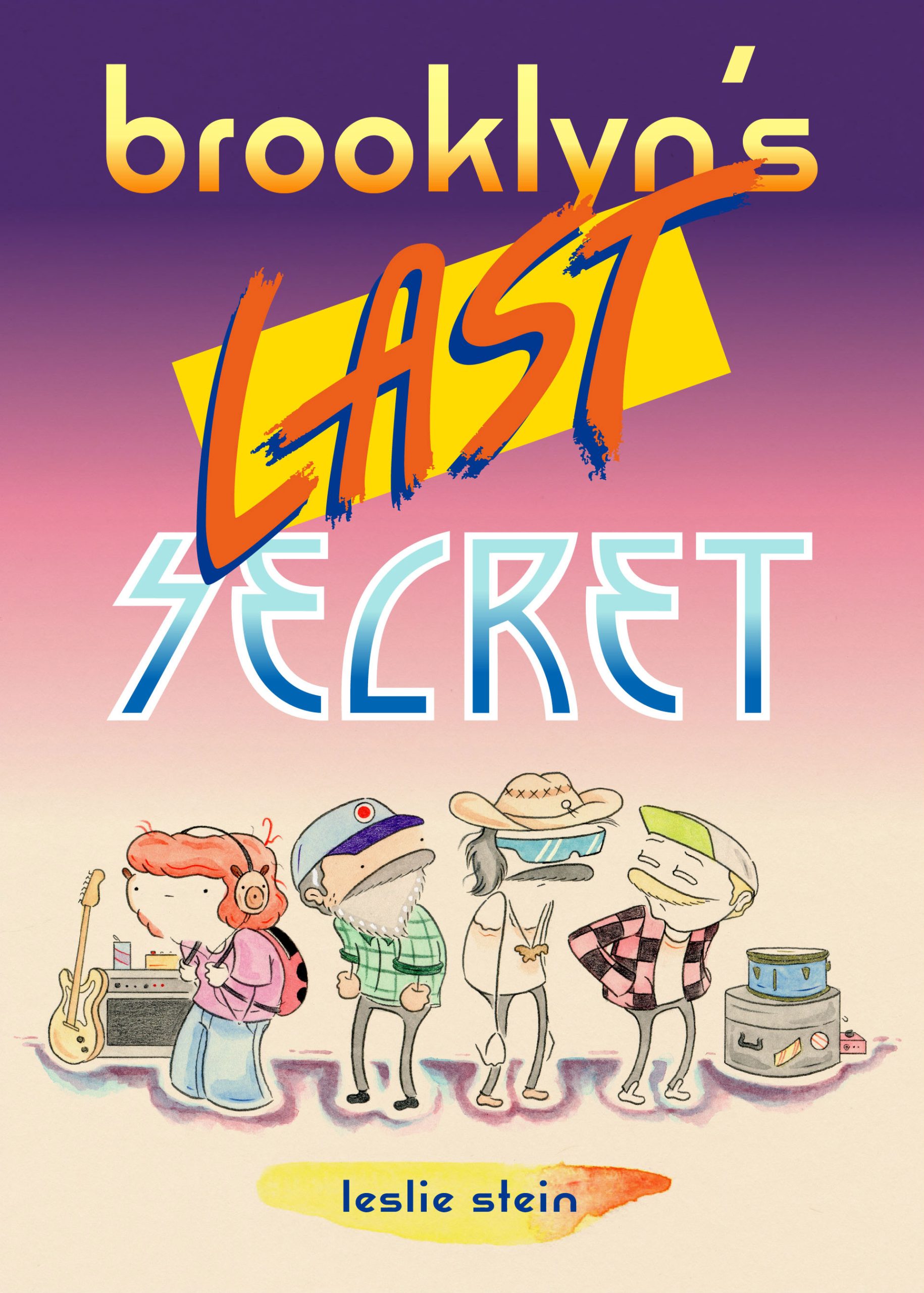 The cover of Leslie Stein&rsquo;s <em>Brooklyn&rsquo;s Last Secret</em> uses 1980s&rsquo;-inspired orange and red fonts and a prismatic purple background. The four main characters are cartoons standing in the middle of the frame surrounded by their musical equipment and luggage for going on tour.