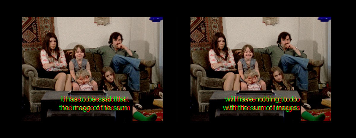 Two side-by-side colour film stills depict two adults seated together on a sofa while two children sit between them, one beside them and one on the floor. The child on the couch is clutching a large plastic doll, holding it by the eyes. Over both images are two overlaid sets of san serif text that look like they are being viewed through a 3D filter.