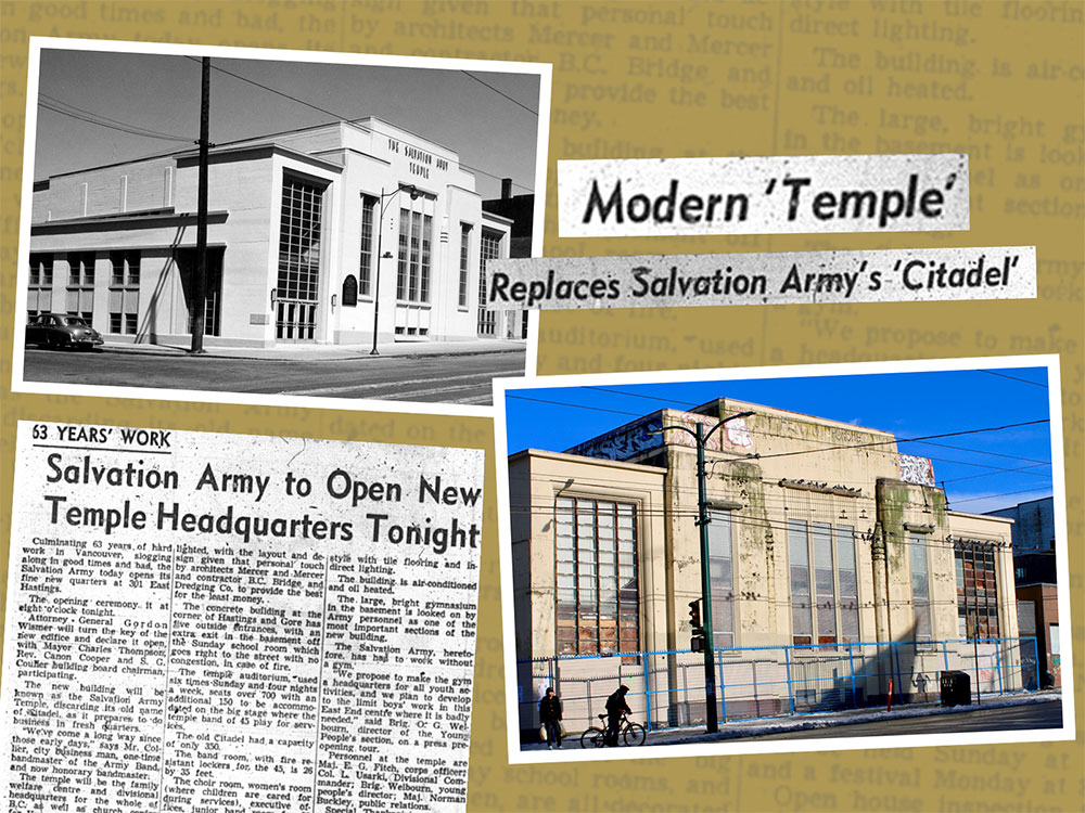 A collage shows old images from Salvation Army Temple and the Vancouver Sun, as well as a contemporary photograph of the derelict building.