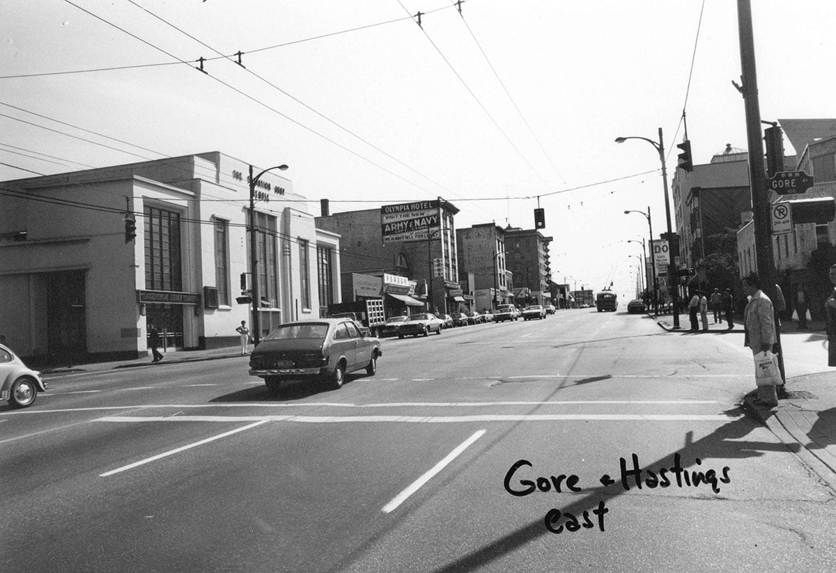 A black and white photo looks east from Gore and Hastings. The new Salvation Army Temple is visible on the left.