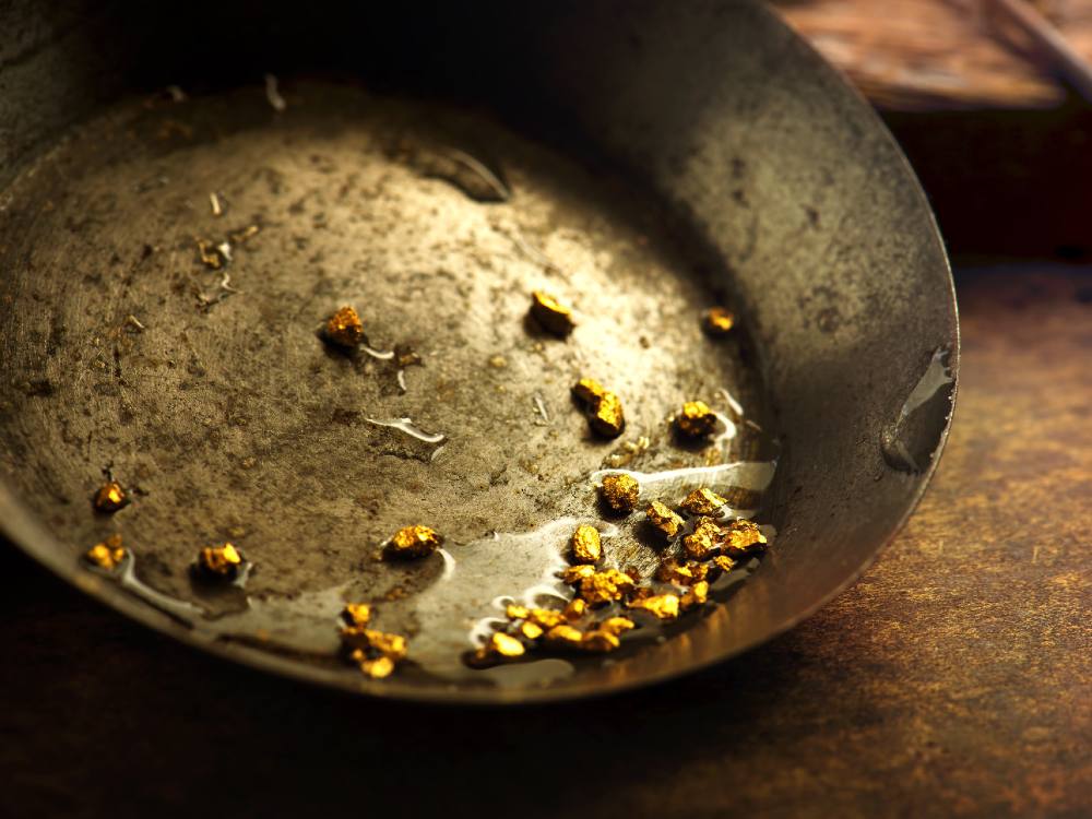 A round steel pan reveals a collection of gold nuggets in water. 