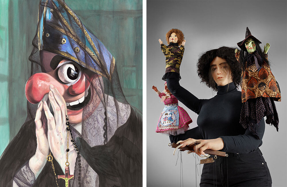Two pieces of artwork stand next to each other. On the left is a sinister-looking puppet with a large red nose under a blue triangular hat and black veil. It is holding a gold cross. On the right is a mannequin in black holding a trio of sinister-looking marionettes. The puppet on the right is a witch with green skin; the puppet on the left has curly hair and is wearing a shirt with a camoflague pattern.