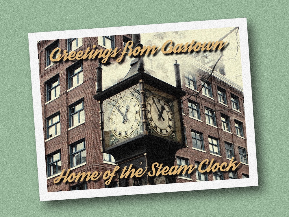 A postcard of Gastown's steam clock in front of a green background.