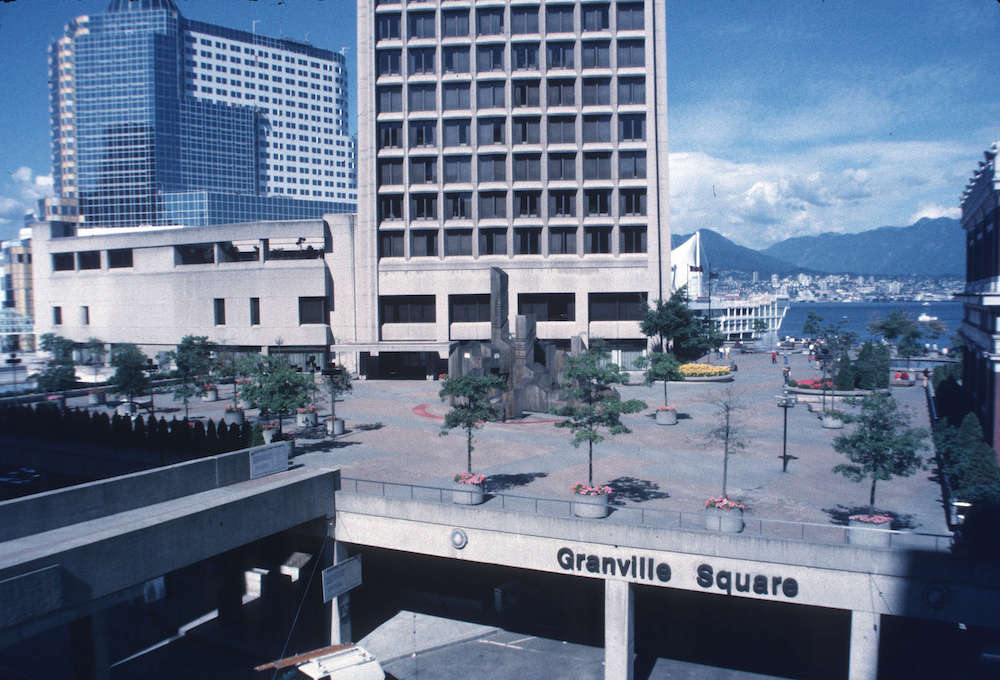 A vintage photo shows the unnatural platform supporting the 200 Granville St. high rise, with parking underneath.