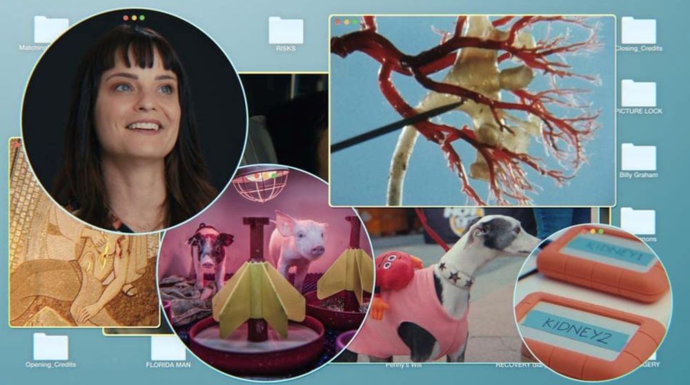 A digital collage features a circular headshot of Penny Lane, a white woman with long dark hair, to the left of the frame. The collage features photos of veins, animals and scientific paraphernalia.