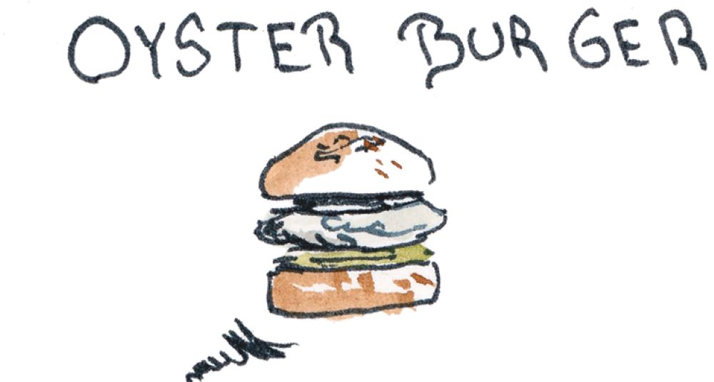 A watercolour illustration of an oyster burger between two sides of a hamburger bun. The oyster itself is blueish grey and it sits atop green vegetable matter.