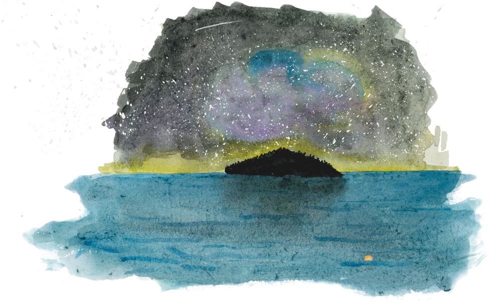 A watercolour painting of a small dark island in the midst of a wide, dark blue ocean, beneath a colourful starry sky.