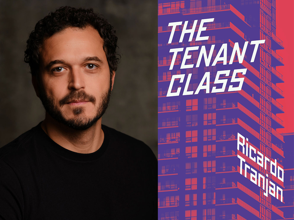 On the left, an author photo of Ricardo Tranjan, a man with dark curly hair and a beard. On the right, the colourful purple and red cover of The Tenant Class.