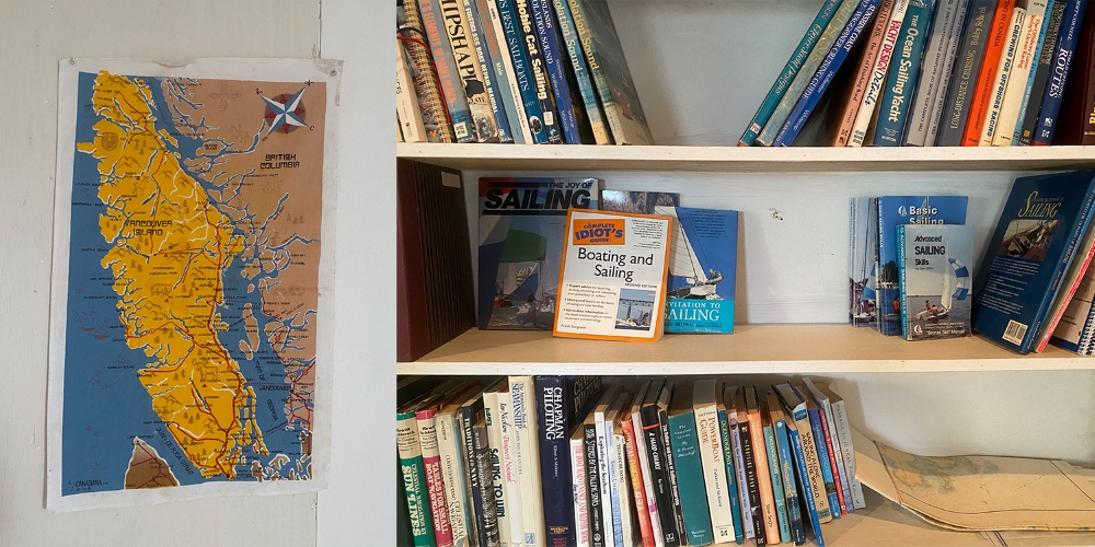 On the left, a vintage map of Vancouver Island and the Georgia Strait. On the right, sailing manuals on a bookshelf at the Yacht Club (including The Complete Idiot’s Guide to Sailing).