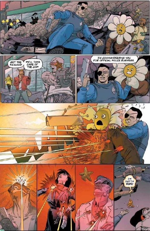 A page from the comic book series ‘Justice Warriors’ in which a member of the Bubble City Police Department commandeers a civilian bystander and engages in a shootout with mutant gang members.