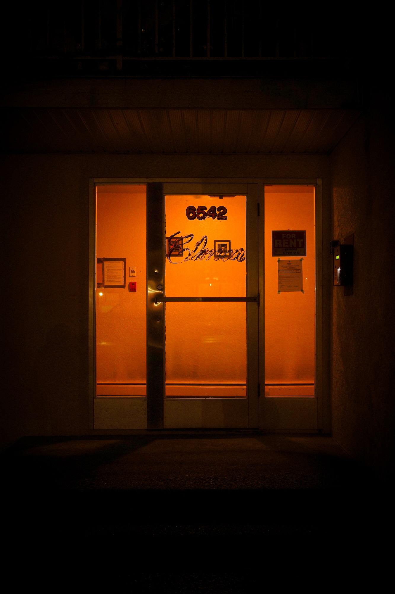 The entryway of an apartment building at night. The name 'Elmar' can just be made out on the door, the paint fading.