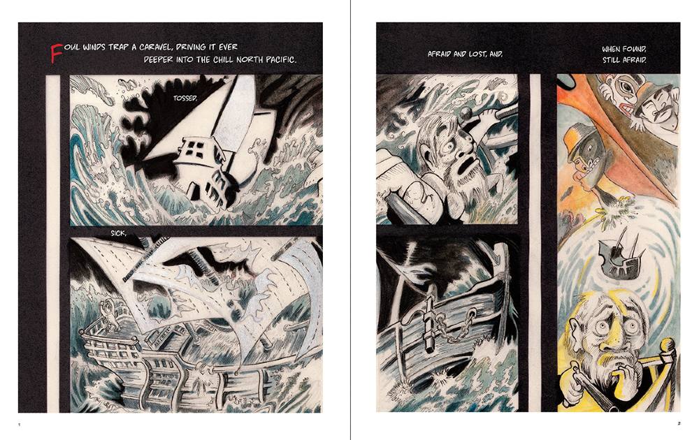 Two comic panels depict a sailor on a stormy sea who is lost and, when found, ‘still afraid.’