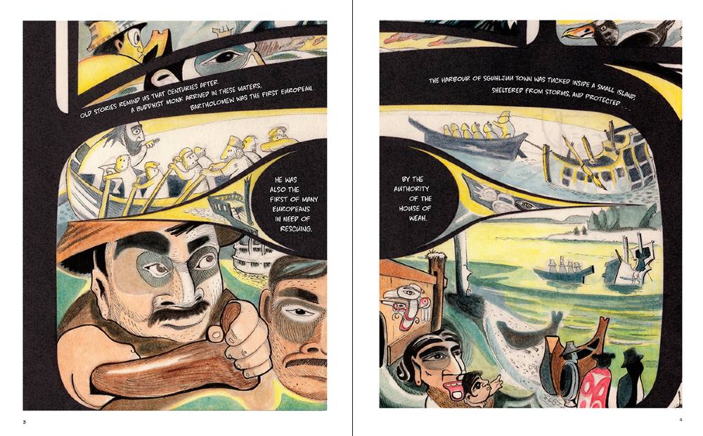 Two comic panels anchored with thick black lines depict Europeans arriving by boat on Indigenous territory.