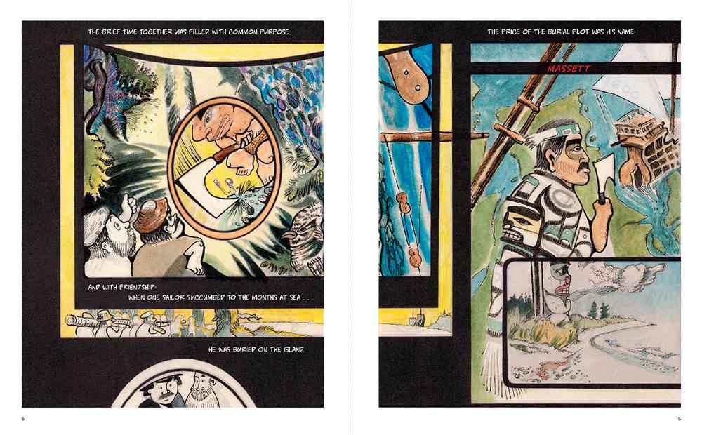 Two colourful comic panels depict the Indigenous burial of a European explorer named Masset.