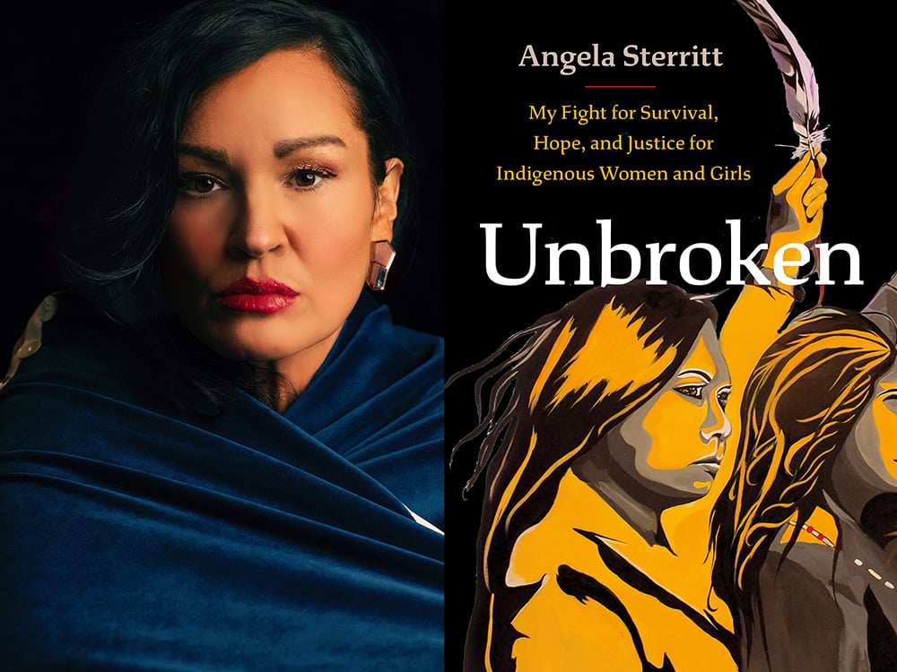 On the left, a woman in red lipstick and wrapped in a blue blanket looks directly at the camera. On the right is the cover of the book ‘Unbroken.’