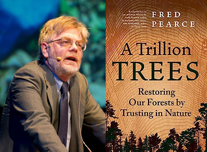 On the left, a man leans on a podium with a microphone headset in front of a blue-green background. On the right, a cover of the book ‘A Trillion Trees,’ with typeface superimposing a background of stylized bark.
