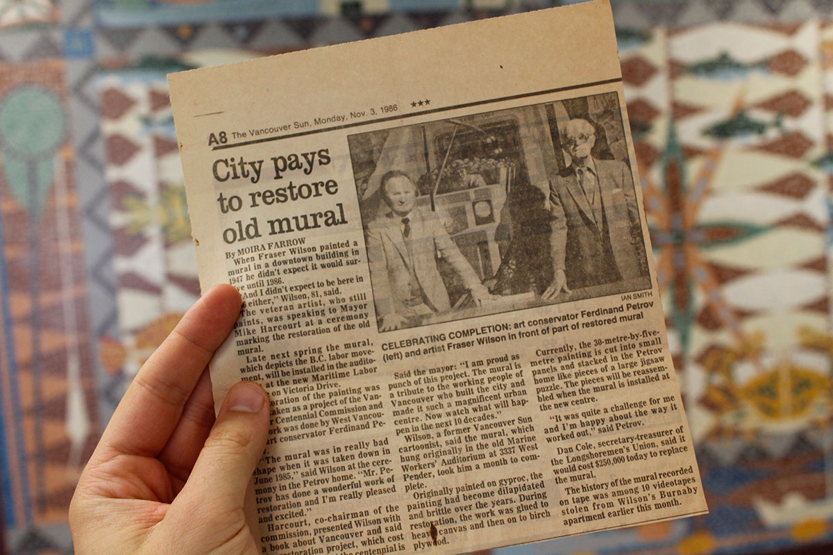 A Vancouver Sun clipping’s headline reads, “City Pays to Restore Old Mural.” 