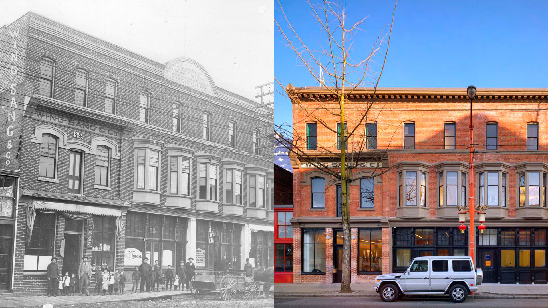 The before and after of an old three-storey building, one hundred years apart. The first is in black and white and has a large Chinese family standing in front of it.