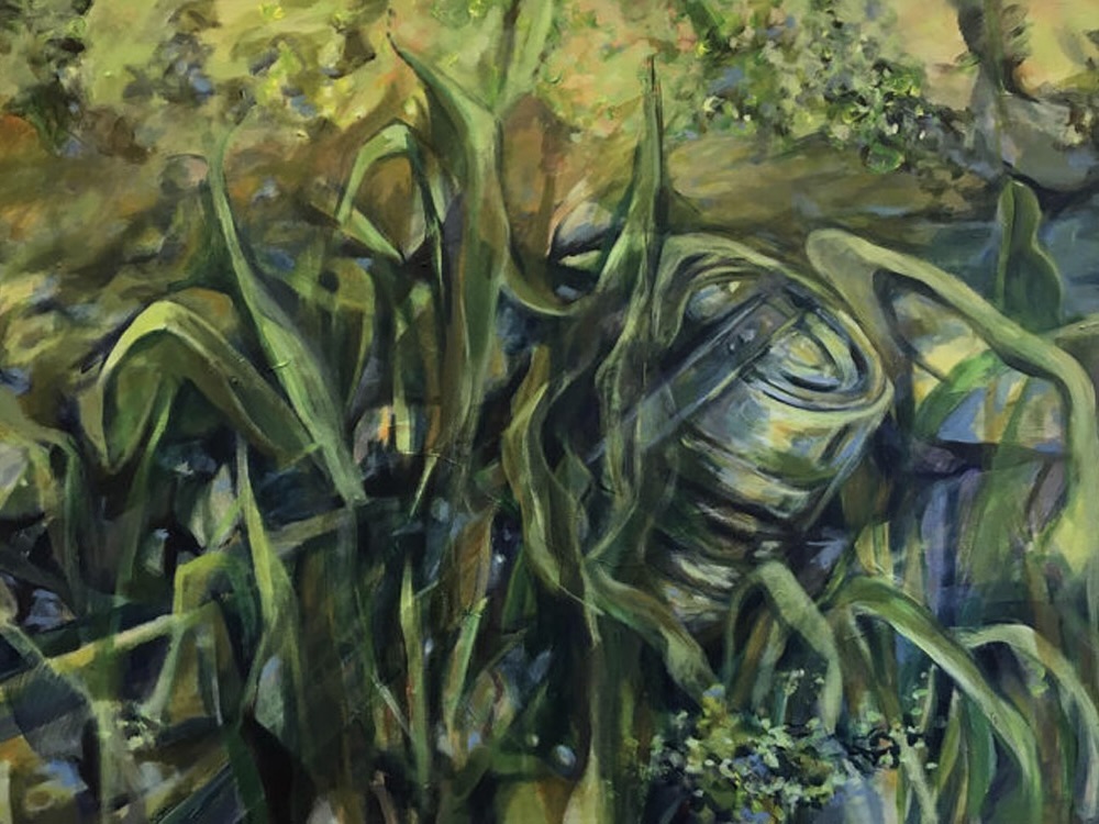 A painting of a marshy grasses, with a tin can hidden among them.
