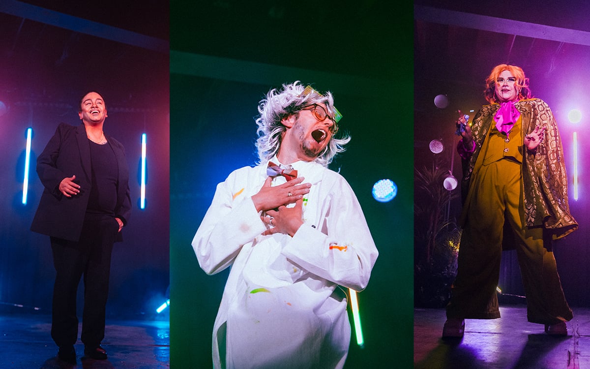 Various drag performers smile, flex and gesticulate on the stage.