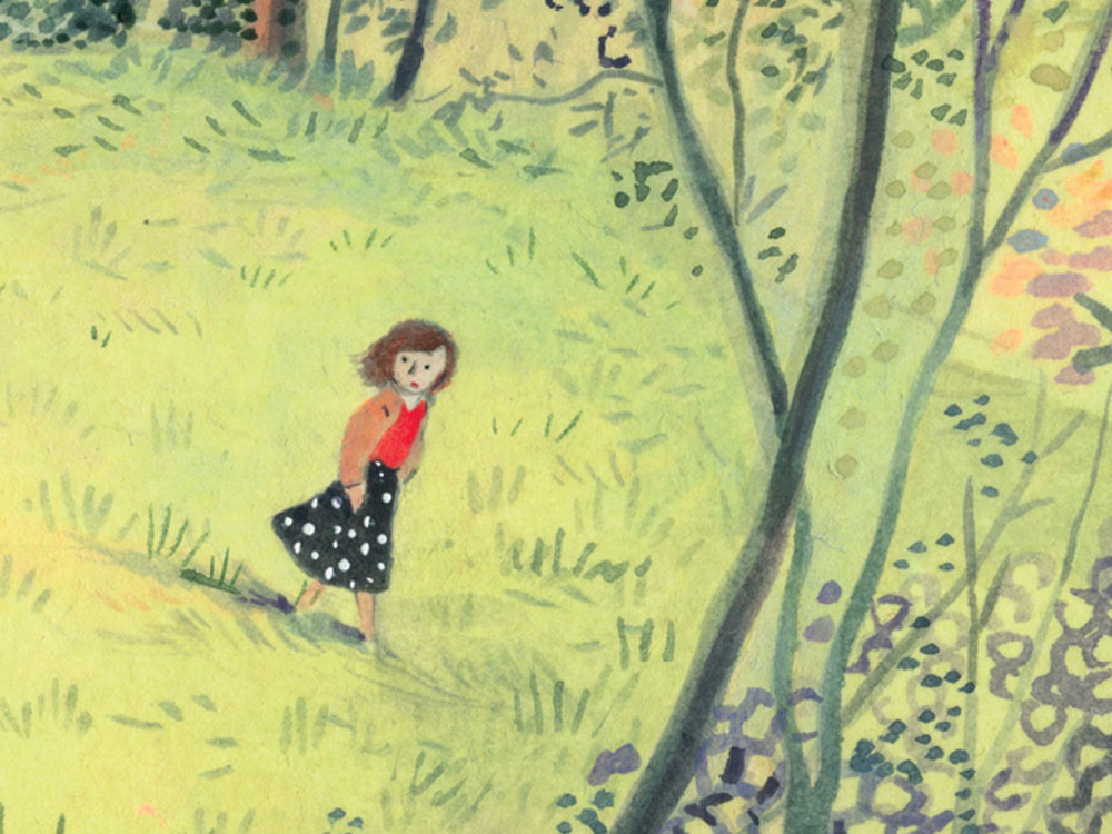 A painting of a woman passing through an open field in a blue and white polka dot skirt, red blouse and tan cardigan. She is looking over her shoulder and appears anxious.
