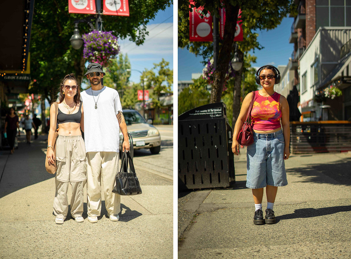 Left image: two people stand together in the sun on a sidewalk. On the left, a woman is wearing baggy khaki cargo pants and a black sports bra. On the right, a man is wearing a black bucket hat, white T-shirt and khaki cargo pants. Right image: a young person stands on a sunny sidewalk with sunglasses and headphones on. They are wearing a fuschia graphic tank top and long jean shorts.