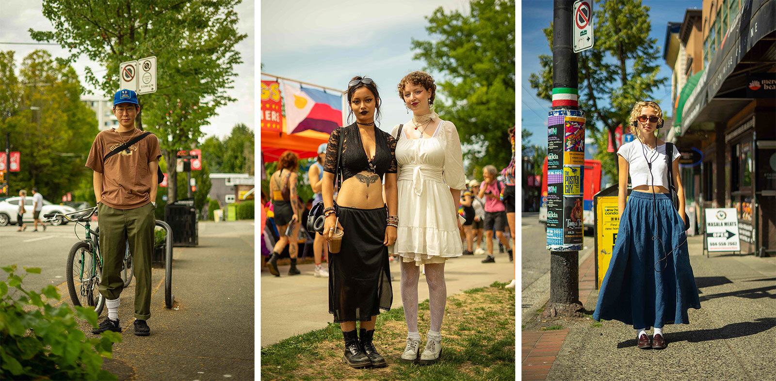 A three-panel image features four young adults standing on neighbourhood sidewalks and, in the middle, in a park at a community event. They are all standing and looking directly at the camera dressed in casual streetwear. 