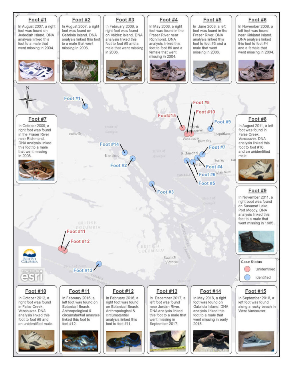 A map of BC shows the locations of 15 feet that washed up onshore in different locations in the province. Photos of the actual feet in shoes are shown.