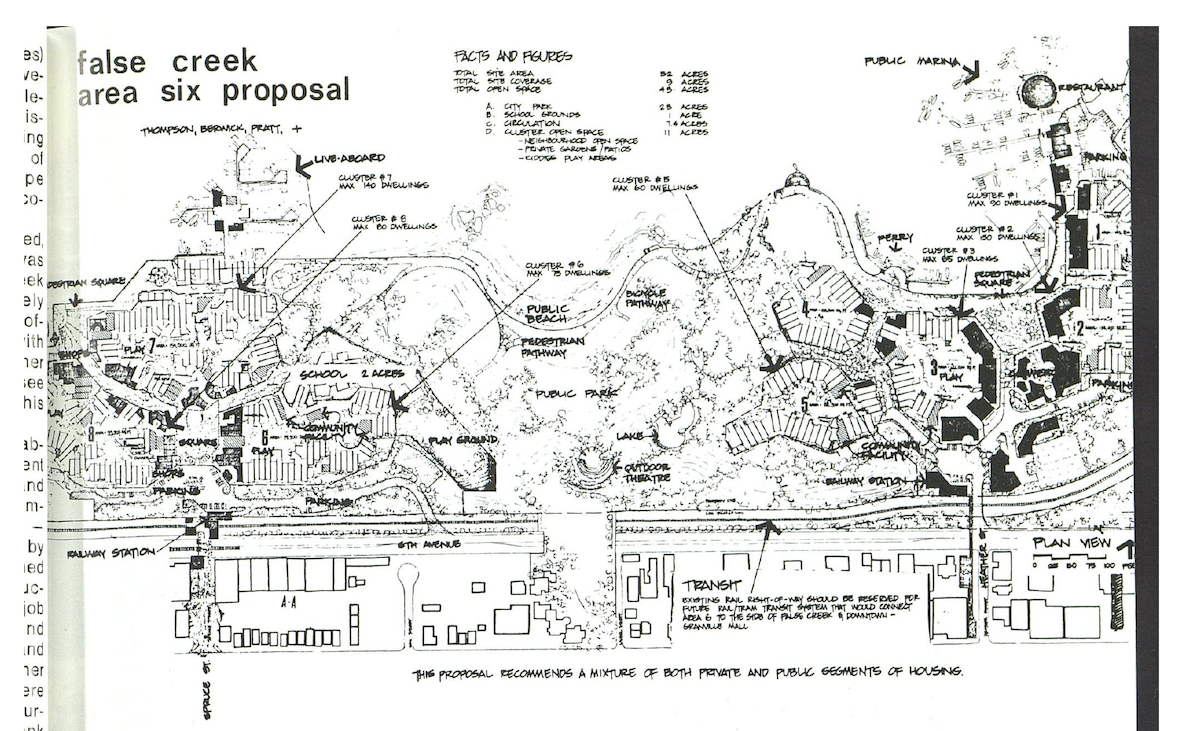 A black and white magazine clipping shows an architectural plan for the area of south False Creek that includes Leg-in-Boot Square.