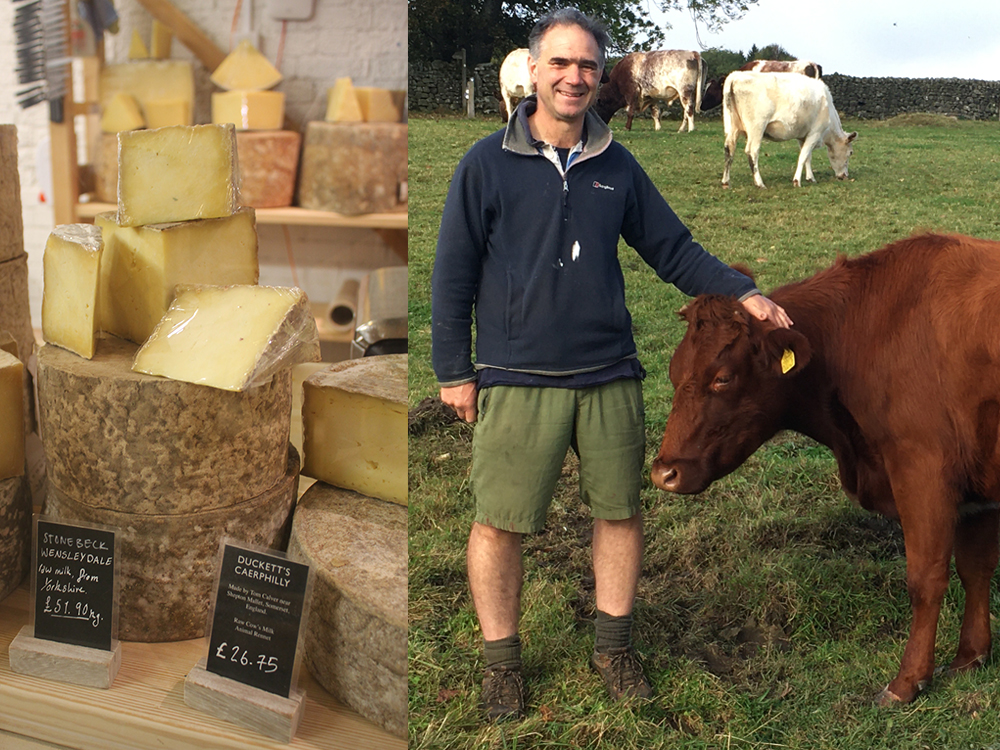On the left, artisanal farmhouse cheeses in a shop. On the right, a man stands with a furry brown cow.