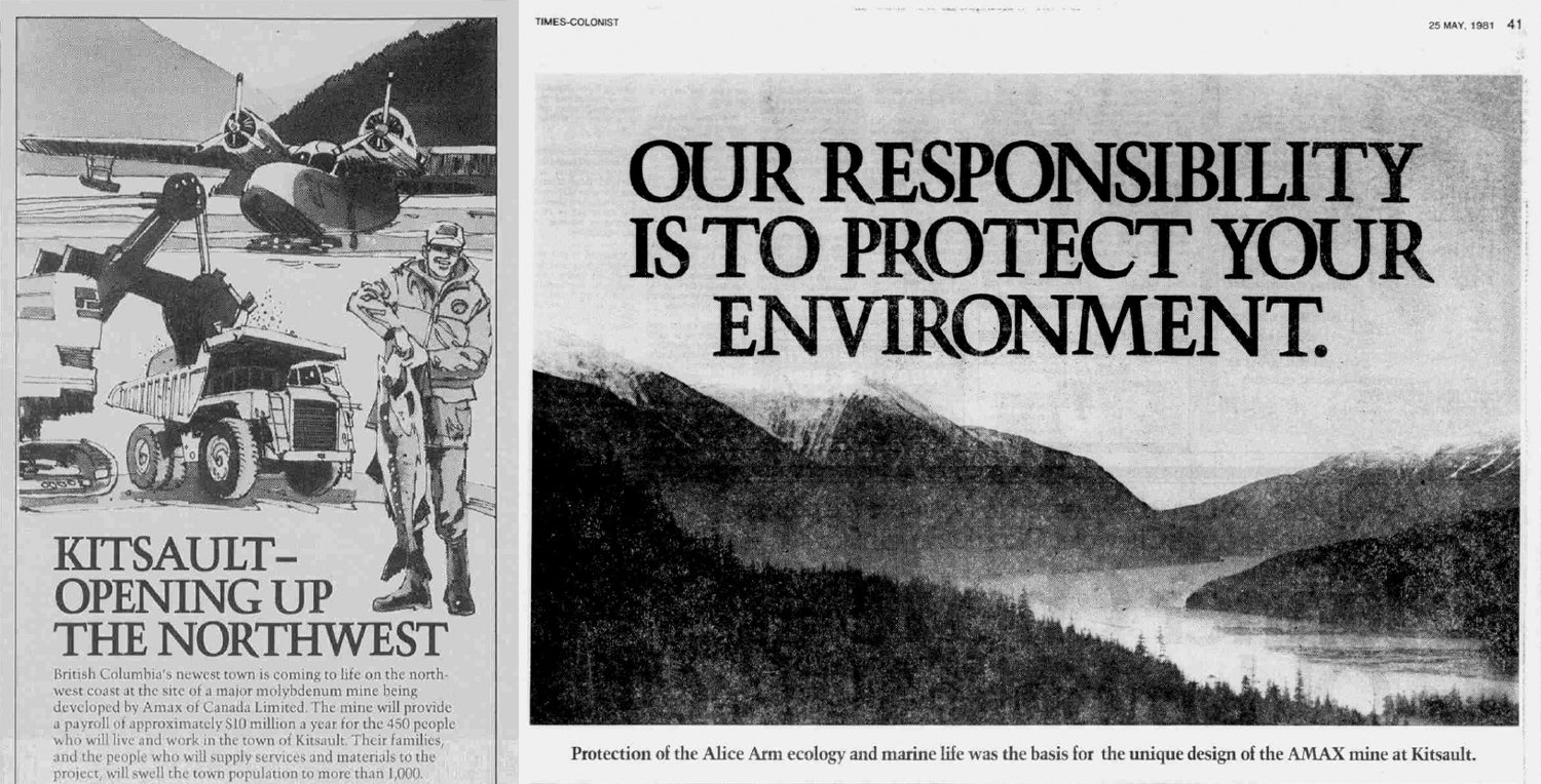On the left, a black and white newspaper clipping with images of a coastal inlet, float plane, fisherman and mining truck says, “Kitsault opening up the northwest.” On the right is a clipping with a headline that says “Our responsibility is to protect your environment” over an image of a coastal fjord.