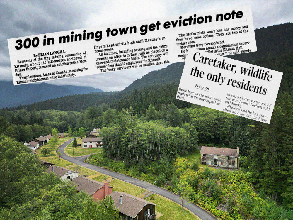 An aerial photo showing a row of aging houses in a green coastal landscape with dark clouds overhead has two newspaper clippings superimposed on the top half of the photo: one headline reads “300 in mining town get eviction note”; the other reads “Caretaker, wildlife the only residents.”