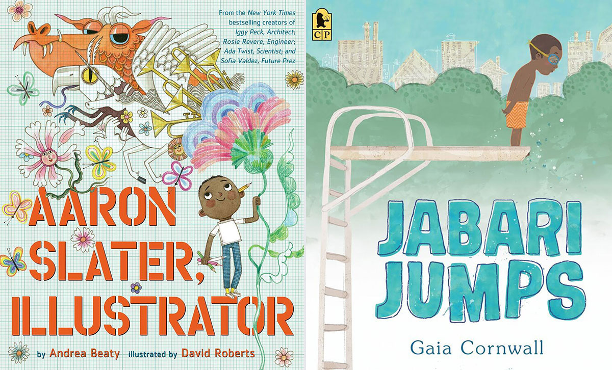 A two-panel image features two children’s book cover images. On the left, 'Aaron Slater, Illustrator' features a colourful, fantastical illustration of a dragon on the top of the page and a Black boy holding a flower to the right of the frame. On the right, 'Jabari Jumps' features a turquoise illustration of a Black boy standing on a diving board looking down at a pool.