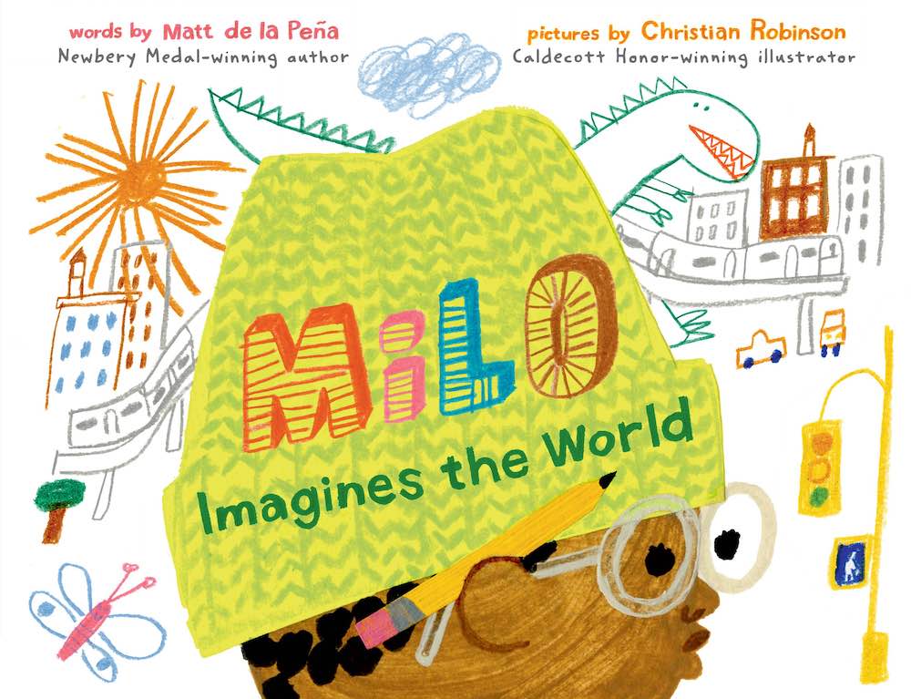 The book cover image for 'Milo Imagines the World' features a colourful illustration of a Black boy in a green toque with glasses against a hand-drawn cityscape on a white background.