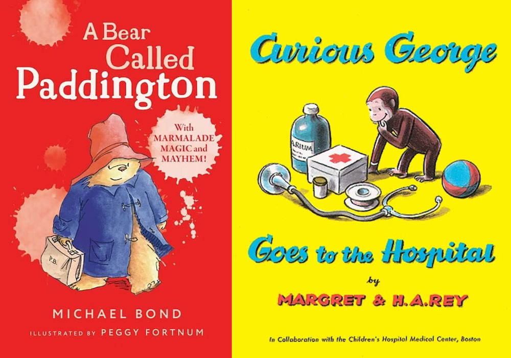 A two-panel image features the red book cover for 'A Bear Called Paddington,' left, and the yellow book cover for 'Curious George Goes to the Hospital,' right. The red image features an illustration of a bear in a blue jacket and red hat. The yellow image features an illustration of a monkey playing with medical equipment.