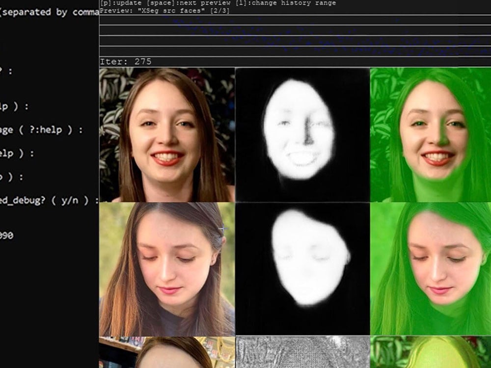 A grid of digital images is overlaid across a black computer background with white programming text. The images depict a young woman with shoulder-length brown hair and pale skin. The photos depict her looking directly at the camera, down and to the side with a variety of facial expressions.