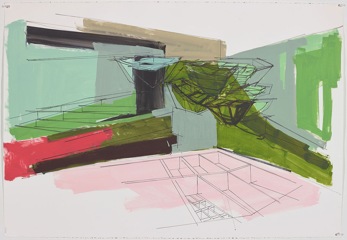 An abstract painting depicts an architectural structure with a green set of stairs to the left and, at centre towards the bottom of the frame, a baby-pink basement.