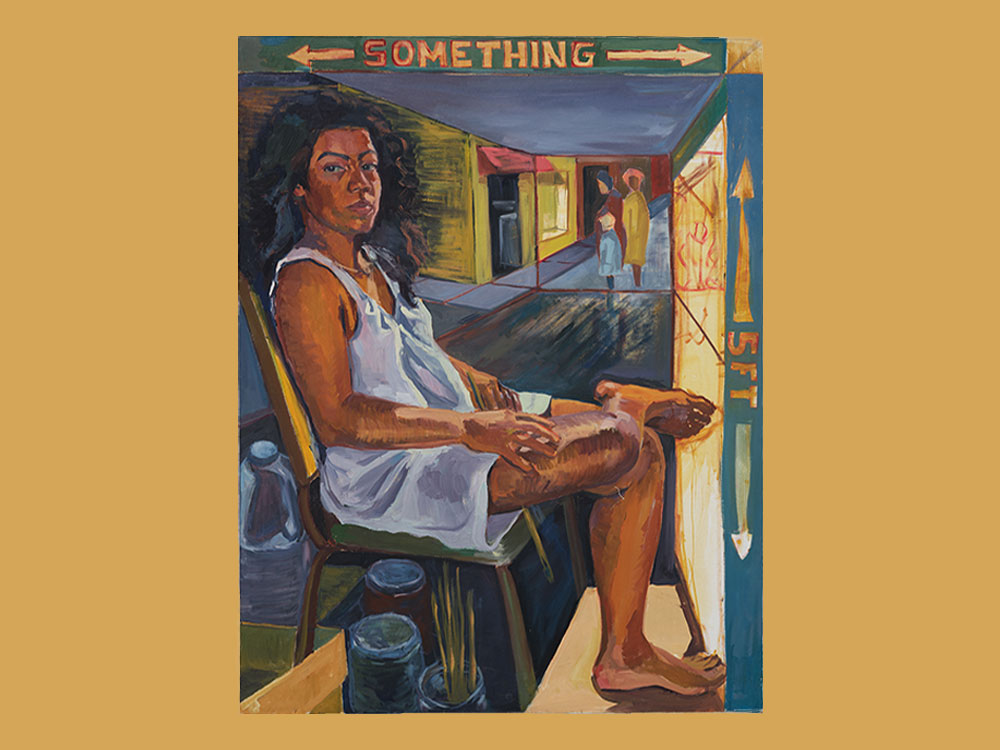 An acrylic painting of a Black woman in a white cotton dress. The woman is seated on a chair with one leg crossed over the other’s lap. She looks directly at the camera. The top of the frame is labelled 'Something' with arrows pointing to the right and the left. The right vertical side of the frame is labelled '5FT' with arrows pointing up and down.