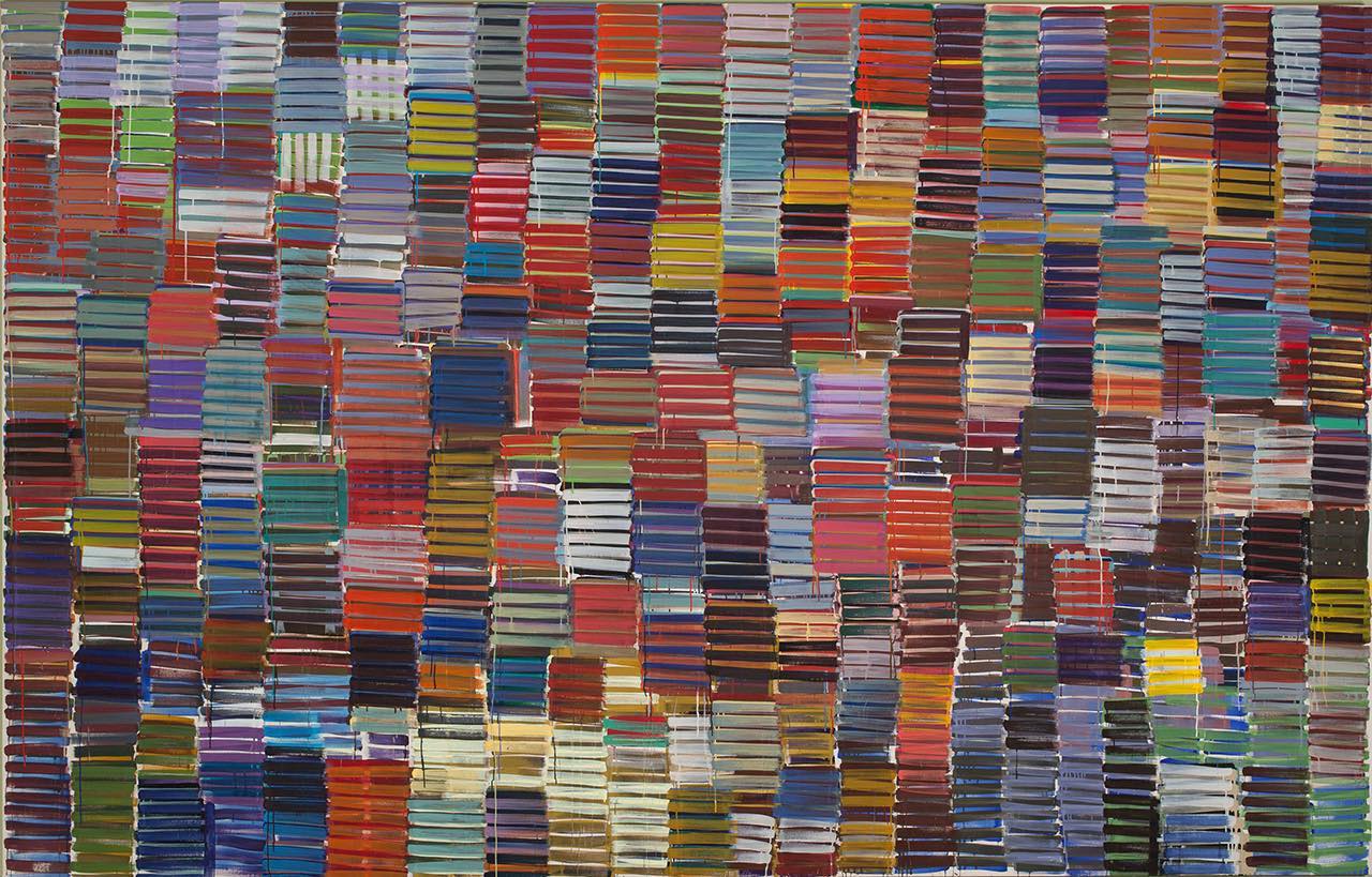 A large-format acrylic painting consists of dense square and rectangular shapes scored with horizontal stripes in jewel tones.
